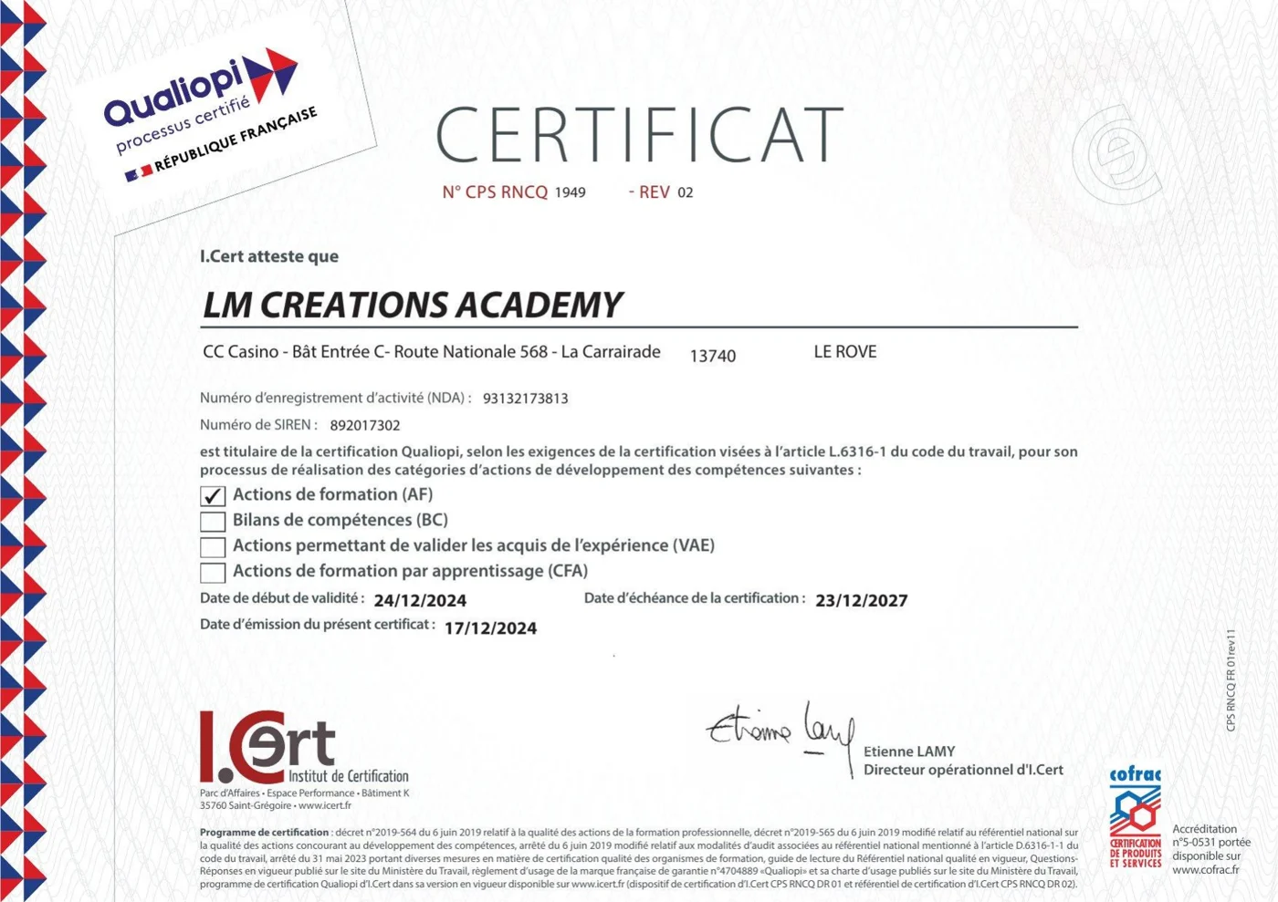 Certificat Qualiopi de LM CREATIONS ACADEMY, n° CPS RNCQ 1949, délivré par I.Cert, catégorie actions de formation, valable du 24/12/2024 au 23/12/2027